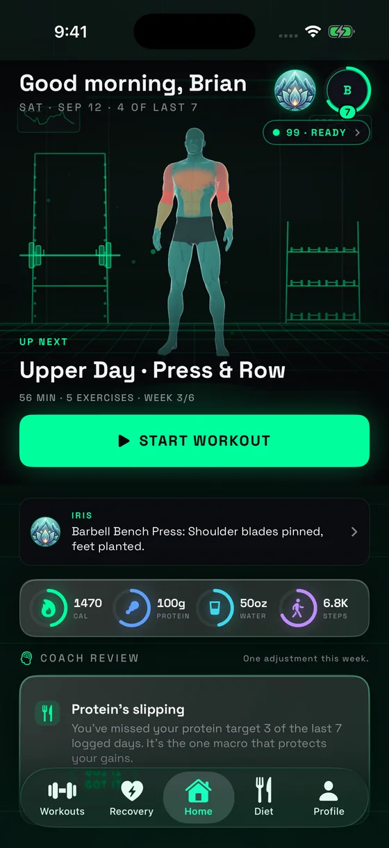 The Home tab: the 3D body in the gym, today's session, the recovery score